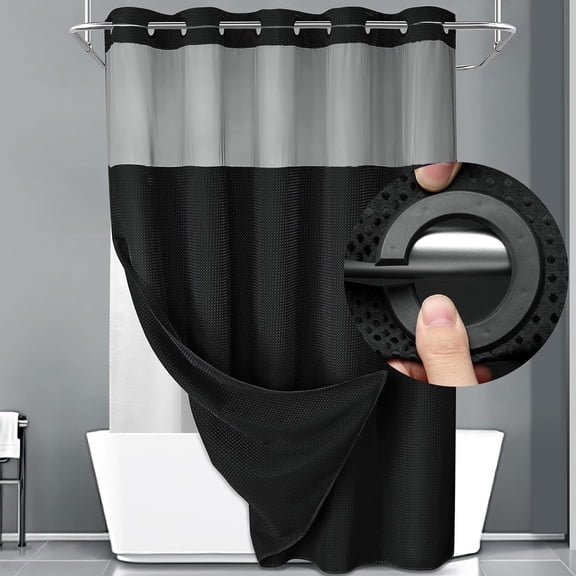 DawnJoanHD No Hook Waffle Weave Shower Curtain, Black Shower Curtains with Snap in Fabric Liner and See Through Top Window, 72"X75"