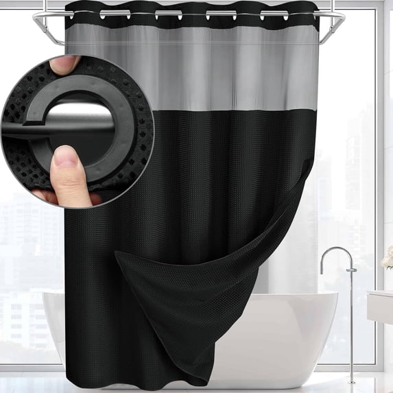 DawnJoanHD Waffle Weave No Hook Shower Curtain with Snap-in Liner, Black Polyester Fabric with See-Through Top Window, 72" x 75"