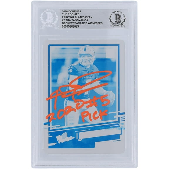 Tua Tagovailoa Miami Dolphins Autographed 2020 Panini Donruss The Rookies Cyan Printing Plate #2 #1/1 Beckett Fanatics Witnessed Authenticated Rookie Card with "2020 #5 Pick" Inscription - Fanatics