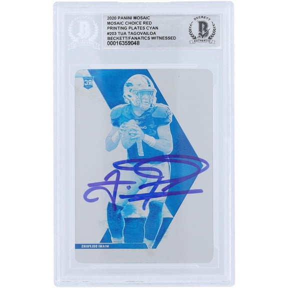 Tua Tagovailoa Miami Dolphins Autographed 2020 Panini Mosaic Red Choice Cyan Printing Plate #203 #1/1 Beckett Fanatics Witnessed Authenticated Rookie Card - Fanatics Authentic Certified