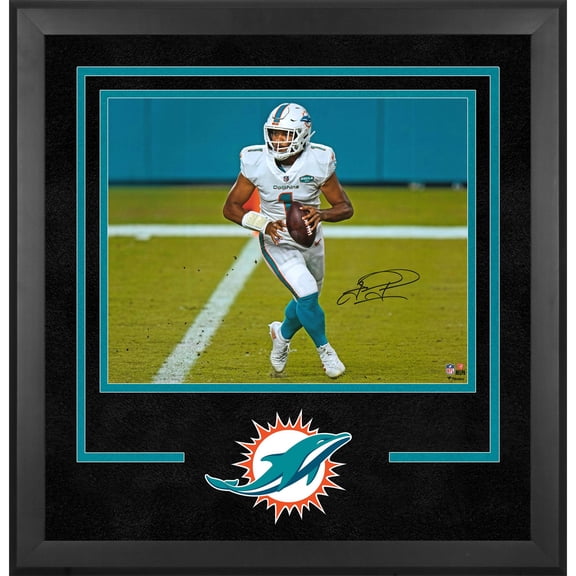 Tua Tagovailoa Miami Dolphins Deluxe Framed Autographed 16" x 20" White Jersey Rolling Out Photograph - Fanatics Authentic Certified
