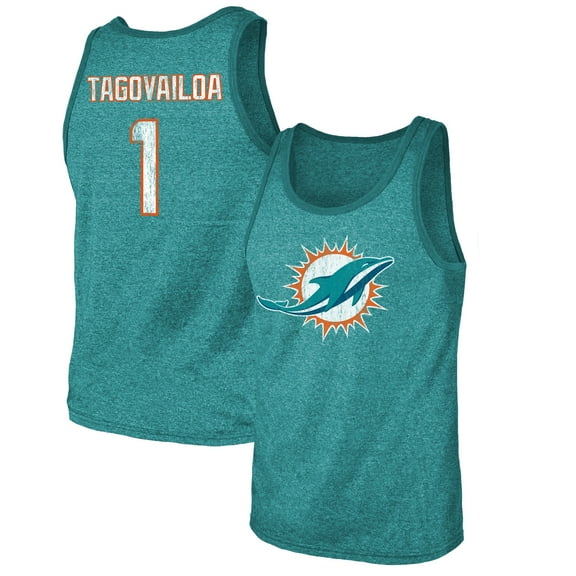 Men's Majestic Threads Tua Tagovailoa Aqua Miami Dolphins Name & Number Tri-Blend Tank Top
