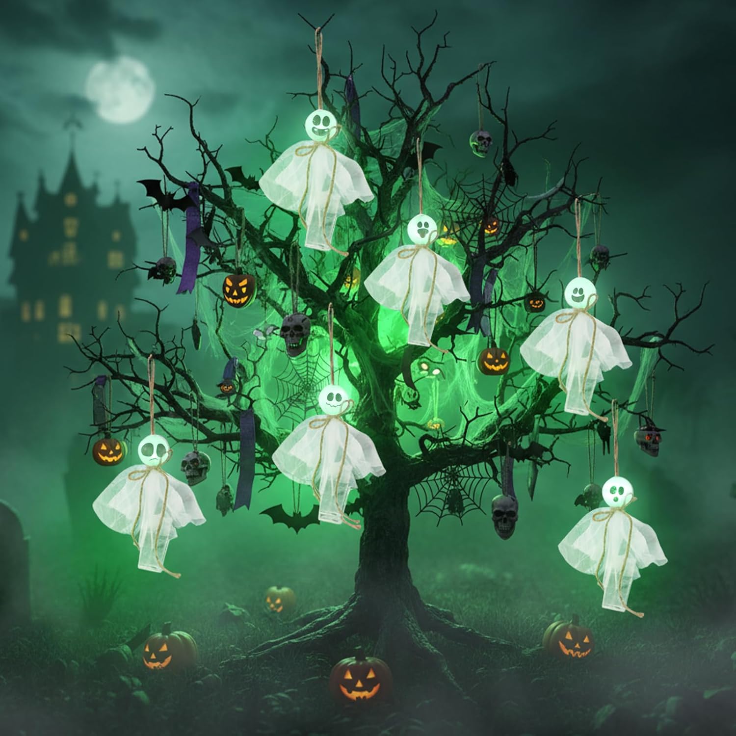 Tuanse 6 Pcs Halloween Hanging Ghosts Decorations, 4.7'' LED Light up ...