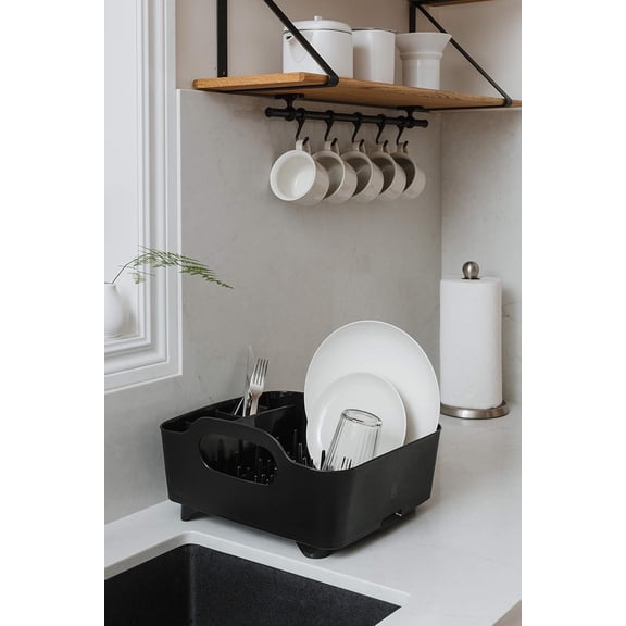 Tub Dish Drying Rack – Lightweight Self-Draining Kitchen Sink Counter Organizer for Home RV, Smoke Black