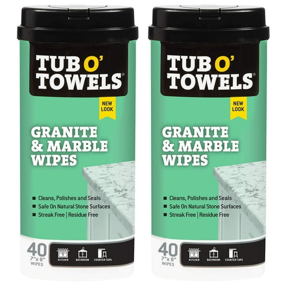 Tub O Towels Granite, Tile, and Marble Cleaning Wipes - Clean, Polish, and Seal, 40-7 x 8 Wipes Per Tub, 2-Pack, white TW40-GR-2