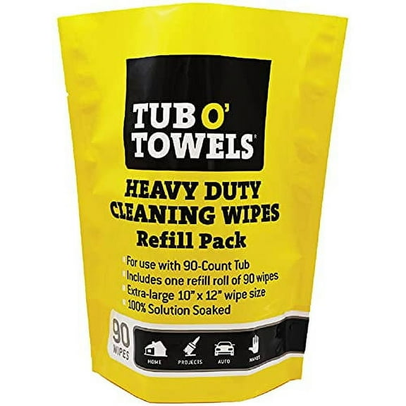 Tub O' Towels Heavy Duty Cleaning Wipes, Refill Pack for 90-Count Canister, 10" x 12"