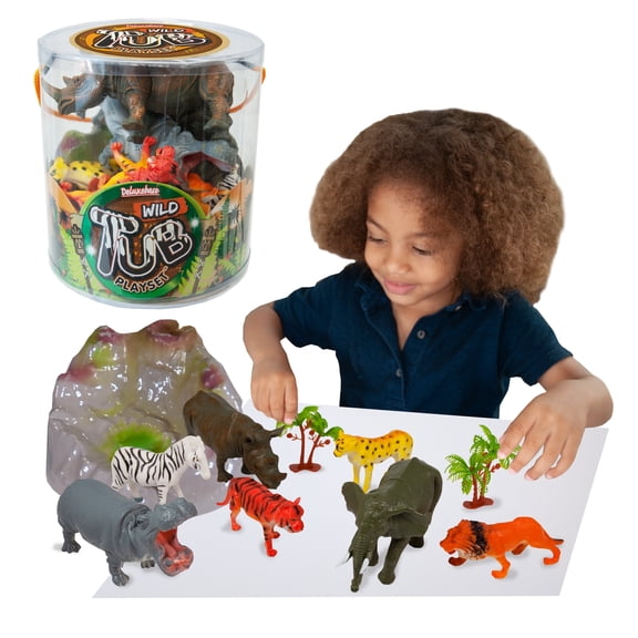 Tub Playset Wild Animal from Deluxebase. 10-Piece Zoo Toy Figurine Set with Reusable Storage Tub