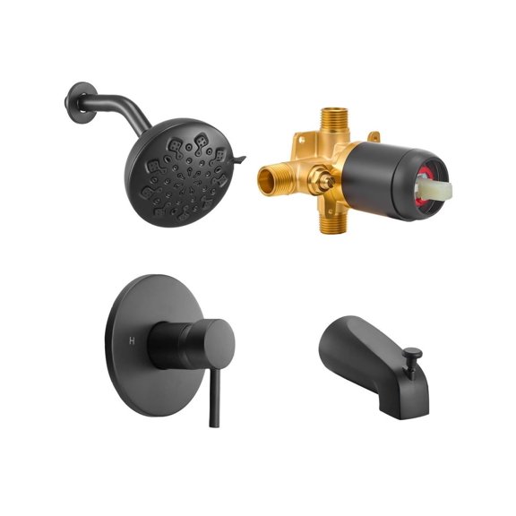 Tub and Shower Combo Set, Matte Black Brass Pressure Balancing, 4.7 Inch Rainfall Head with 9 Settings, Bathtub Spout, Single Handle Trim Kit, Complete Bathroom Fixtures for Home