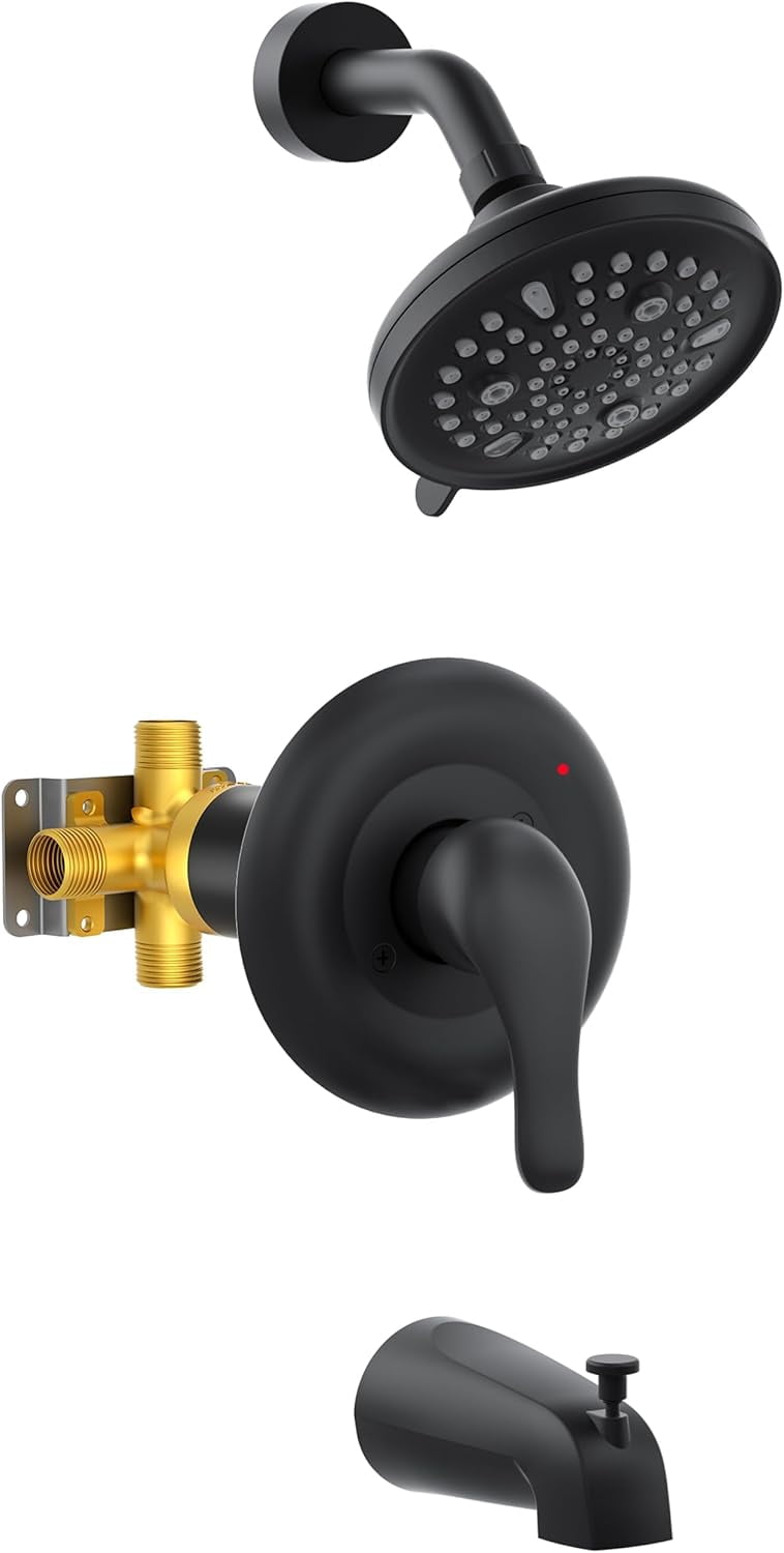 PROOX 3-Handle Tub & Shower Faucet Set In Matte Black - Includes 9-Spray Rainfall Shower Head, Rough-In Valve, Brass Construction