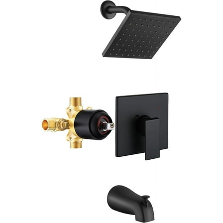 Tub Shower Faucet Set (Valve Included) with 6-Inch Rain Shower Head and Tub Spout, Black Shower Head and Handle Set，Single-Handle Tub and Shower Trim Kit, Matte Black