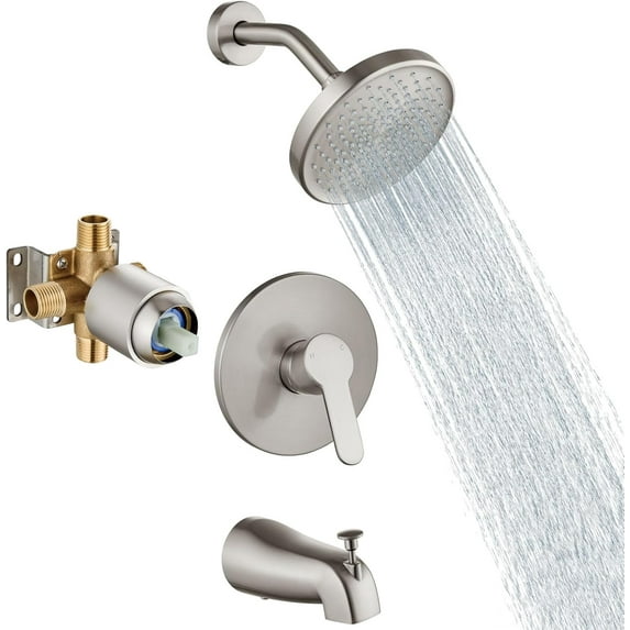 Tub Shower Faucet Set With Valve Wall Mount Shower Trim Kit 6 Inch Bathtub Fixtures Rough-in Valve Single-Spray Shower Head System 5.3 Inch Tub Spout Brushed Nickel Modern