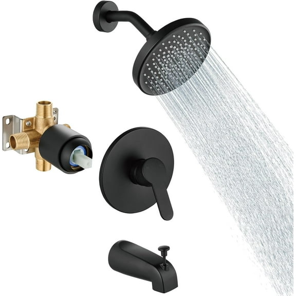 Tub Shower Faucet Set With Valve Wall Mount Shower Trim Kit 6 Inch Bathtub Fixtures Rough-in Valve Single-Spray Shower Head System 5.3 Inch Tub Spout Matte Black Modern