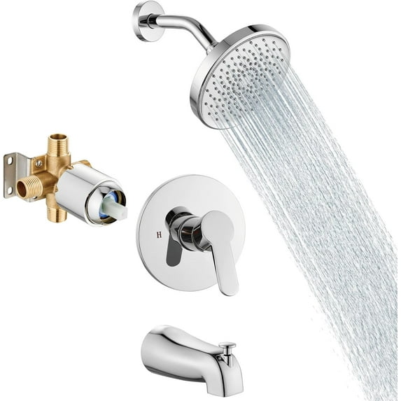 Tub Shower Faucet Set With Valve Wall Mount Shower Trim Kit 6 Inch Bathtub Fixtures Rough-in Valve Single-Spray Shower Head System 5.3 Inch Tub Spout Polish Chrome Modern