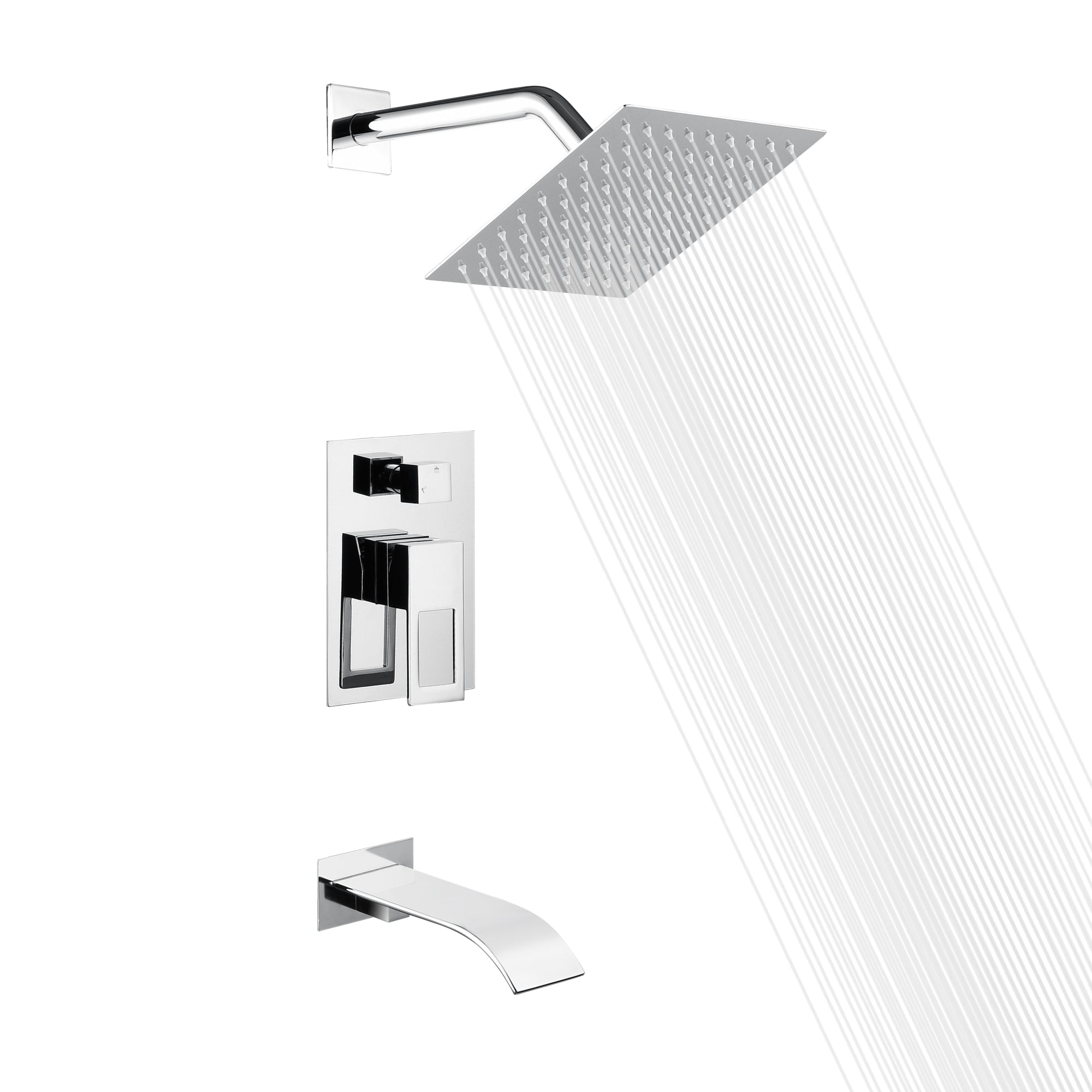 Chrome Square Rain Shower System with Wall Mounted Tub Faucet