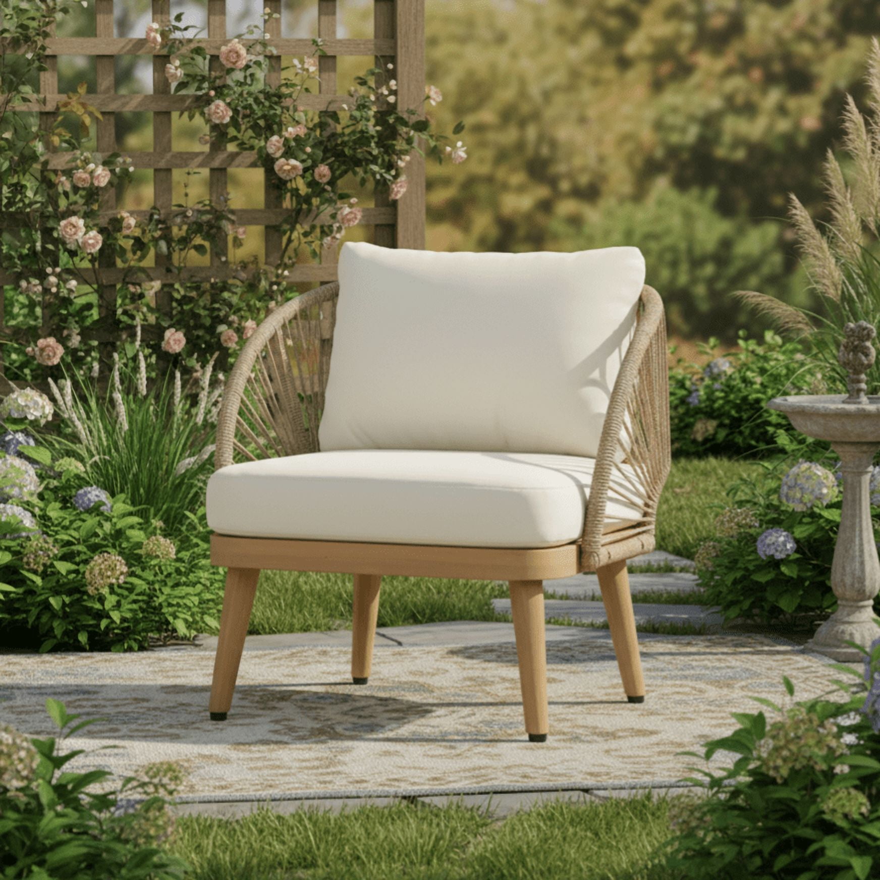 Tub Style Club Chair, Acacia Wood Outdoor Chair with Handwoven Rope Accents for Patio, Teak and Cream