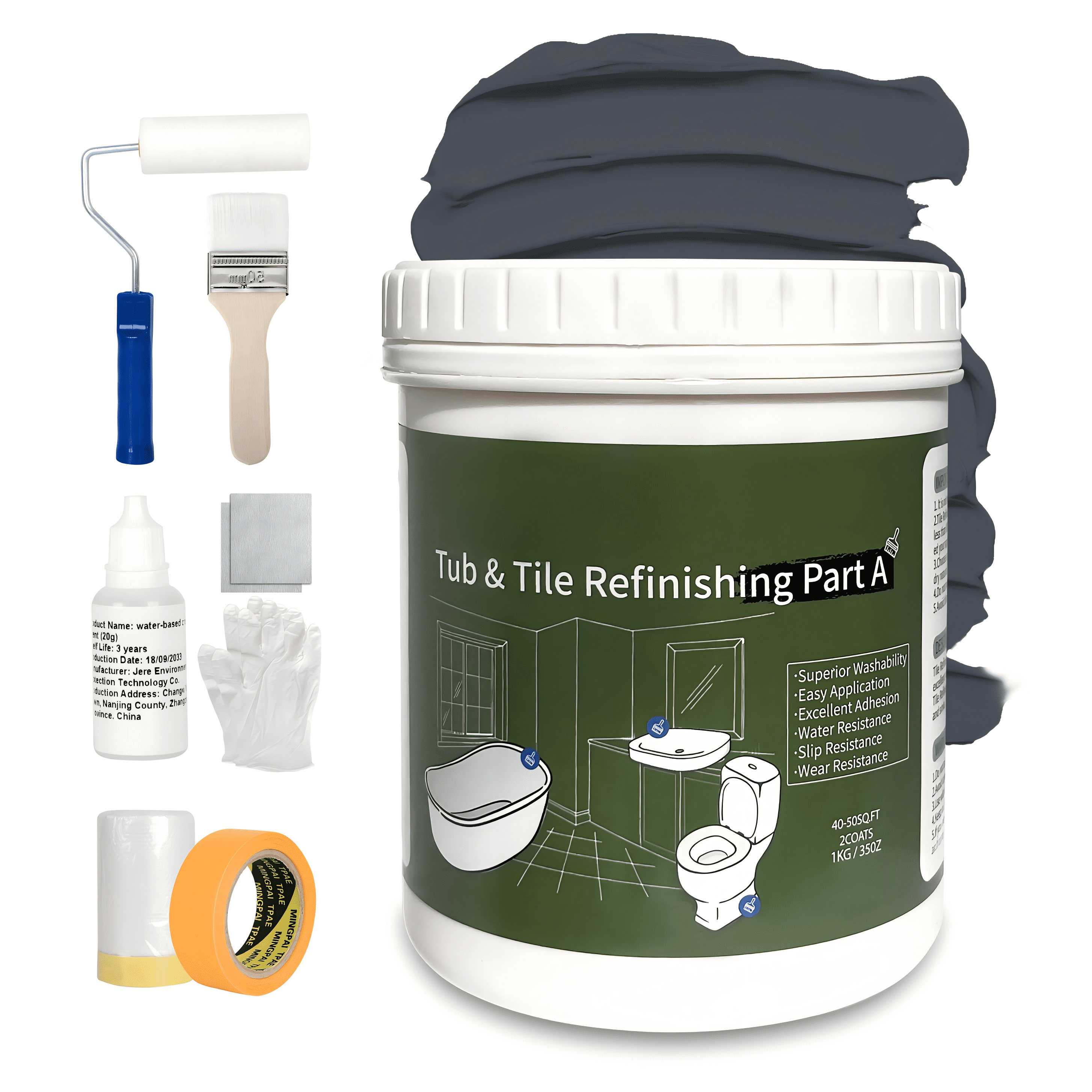 Tub and Tile Refinishing Kit (1kg / 32 oz, with tools, Dark Gray), DIY