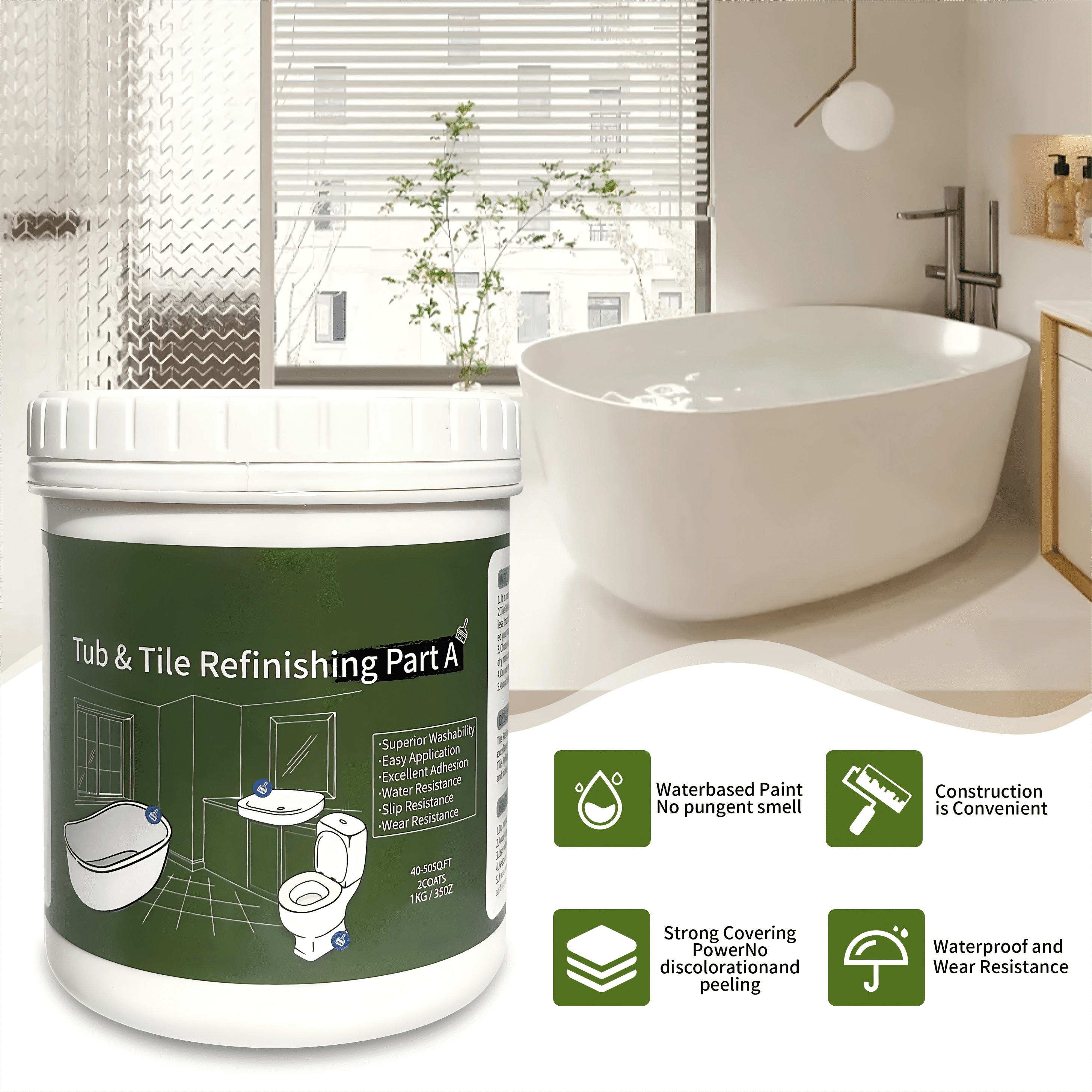 Tub & Tile Refinishing Kit - Water-Based, Odorless, DIY Reglaze Paint For Bathtubs & Sinks (1kg)