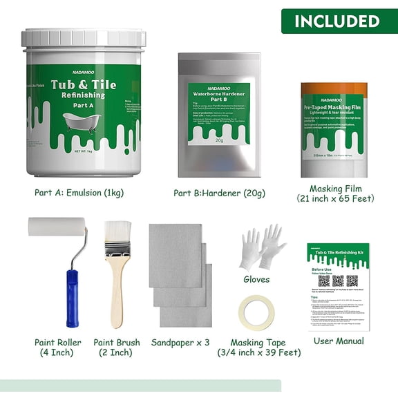 Tub and Tile Refinishing Kit (1kg / 35 oz, with tools), Bathtub Sink Countertop Paint Kit for Bathroom Kitchen Porcelain Fiberglass, Semi-gloss White Coat