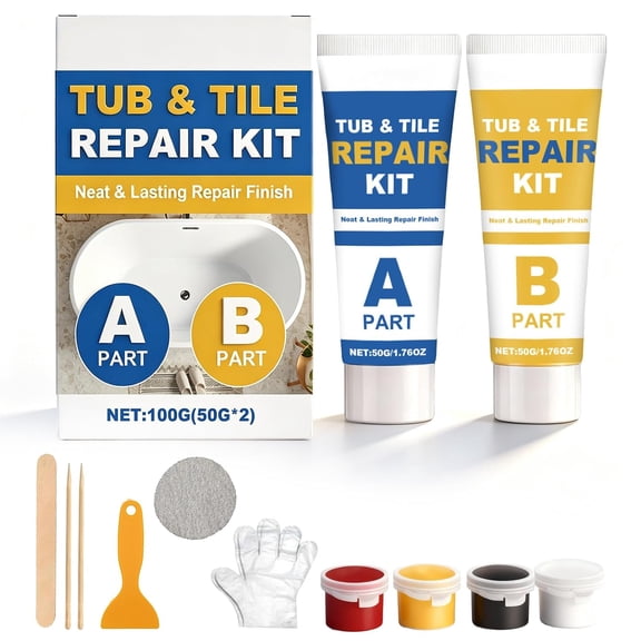 Tub and Tile Repair Kit, Tintable AB Epoxy Acrylic Repair Paste for Fiberglass, Porcelain, Ceramic - Color Match Shower, Sink & Toilet Crack Repair Kit, 100g