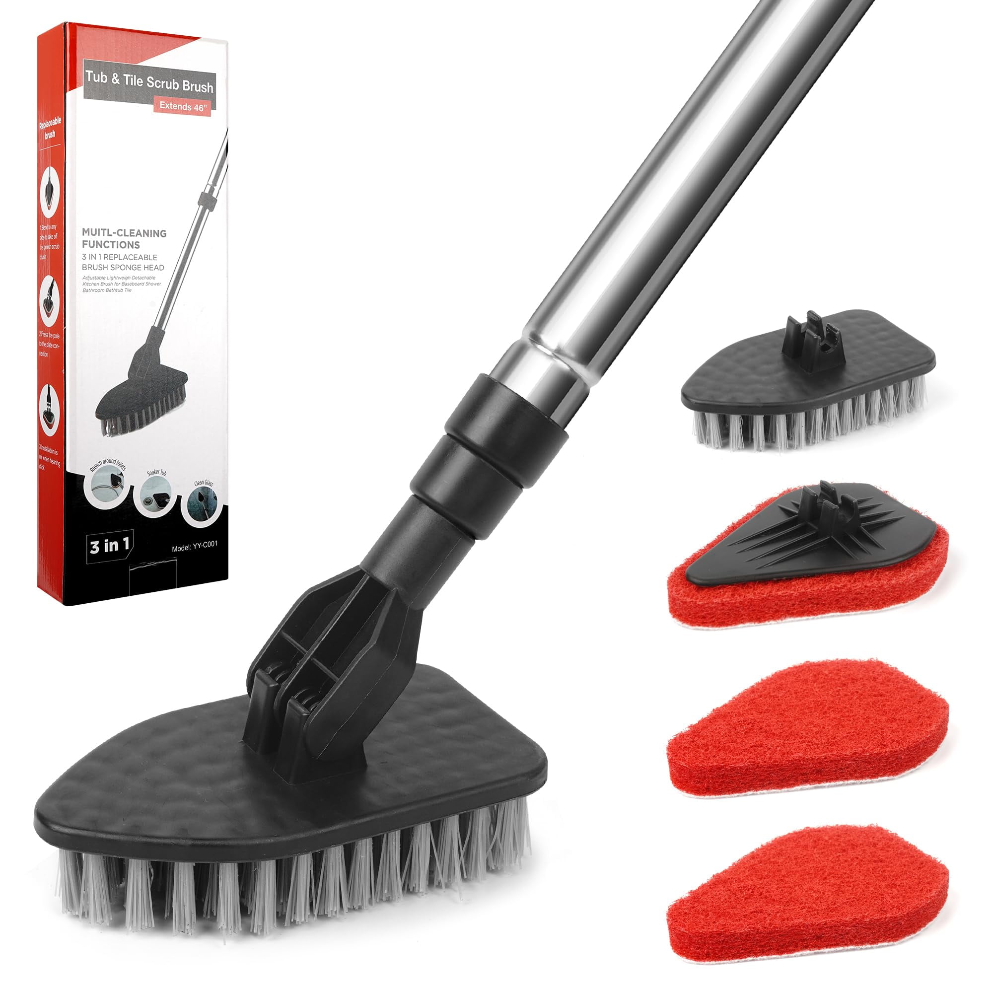 Yoribo 2 in 1 Cleaning Brush Tub and Tile Scrubber Brush Sponge with 46 Extendable Long Lightweight Handle Detachable Stiff Bristles SC
