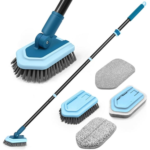 Tub Tile Shower Scrubber Brush with Telescopic 51 inches Long Handle, 4 Different Cleaning Heads for Bathroom Bathtub Sink Floor Wall Baseboard (Blue)