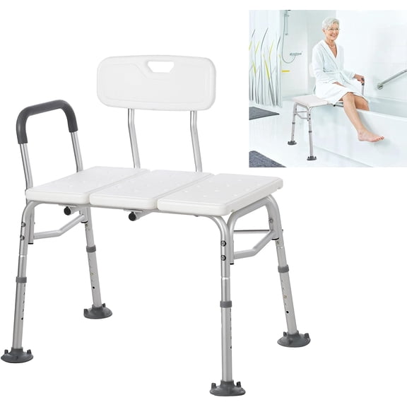 Tub Transfer Bench for Bathtub, 300lb Compact Shower Chair with Backrest & Padded Armrest, Height Adjustable Shower Bench, Arm Support for Transfer, Shower Seat W.Suction Cups for Elderly, Disabled