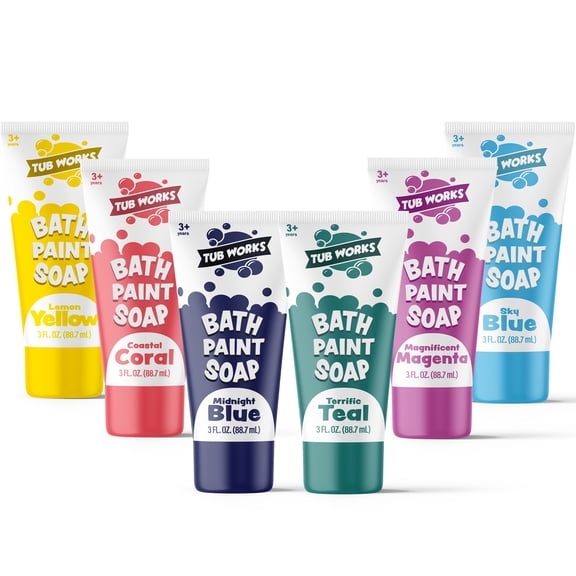 Tub Works Bath Paint Soap, 6 Pack, Washable Bathtub Paint for Finger Painting on Tub Walls, Fun Colors