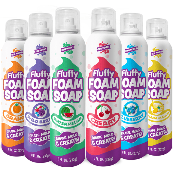 Tub Works Fluffy Foam Soap Variety 6 Pack, Gentle, Cleansing Kids Bath Soap, Fruity, Fun Bath Colors