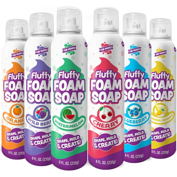 Tub Works Fluffy Foam Soap Variety 6 Pack, Gentle, Cleansing Kids Bath Soap, Fruity, Fun Bath Colors