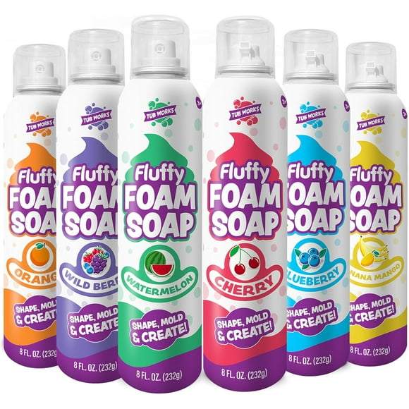 Tub Works Fluffy Foam Soap Variety 6 Pack, Gentle, Cleansing Kids Bath Soap, Fruity, Fun Bath Colors