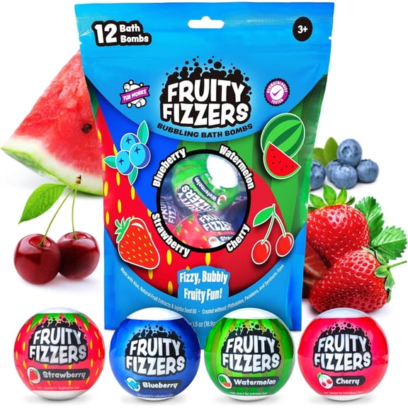Tub Works Fruity Fizzers Bubbling Bath Bombs for Kids, Variety 12 Pack, Dye-Free Naturally-Derived