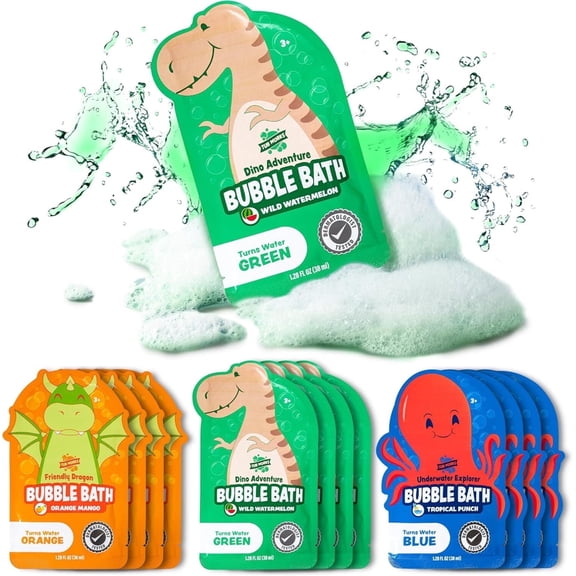 Tub Works Magical Kids Bubble Bath, Variety 12 Pack, Green, Blue, Orange Bath Colors