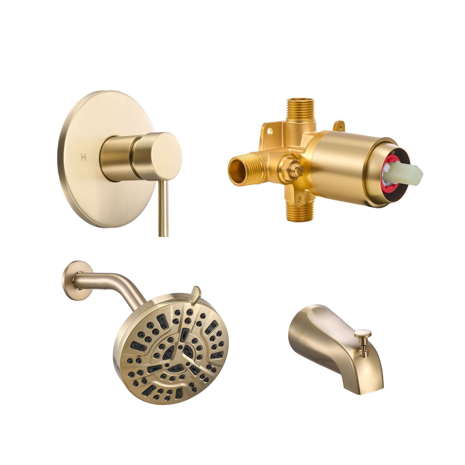 Tub and Shower Faucet Set 4-Piece Pressure Balancing Valve 8 Shower Modes Gold Finish for Bathroom