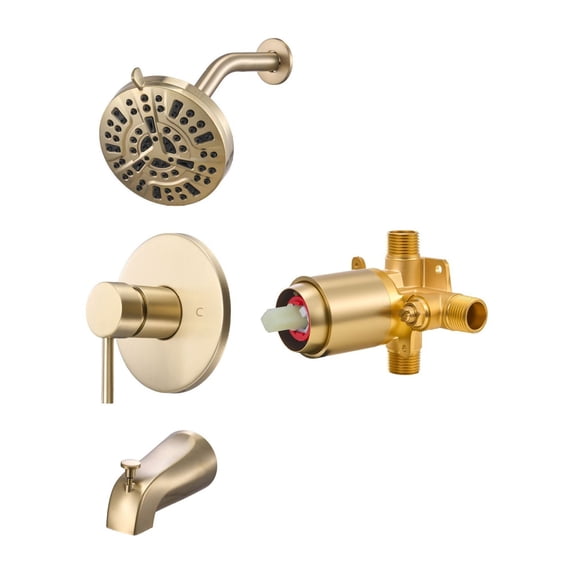 Tub and Shower Faucet Set, 5 Inch Rainfall Shower Head, Bathtub Spout, 8-Setting Adjustable Spray, Single Handle, Brass Valve, Gold