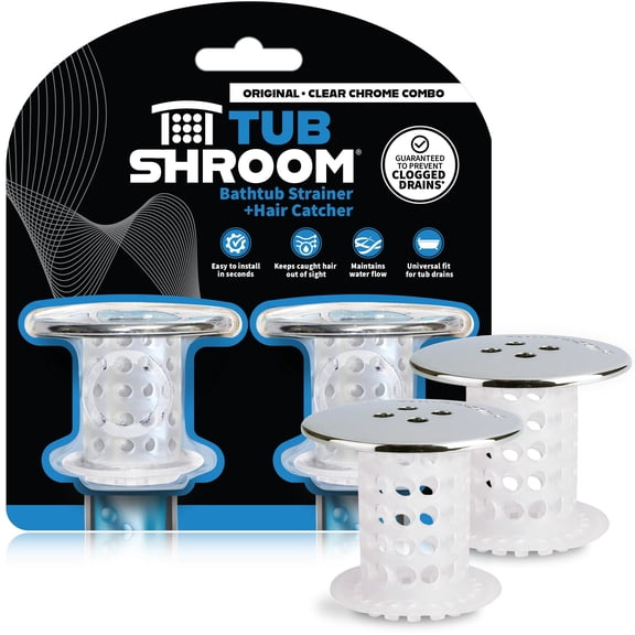 TubShroom Bathtub Drain Protector and Hair Catcher - 2 Pack, Chrome - Fits 1.5" - 1.75" Bathtub and Shower Drains