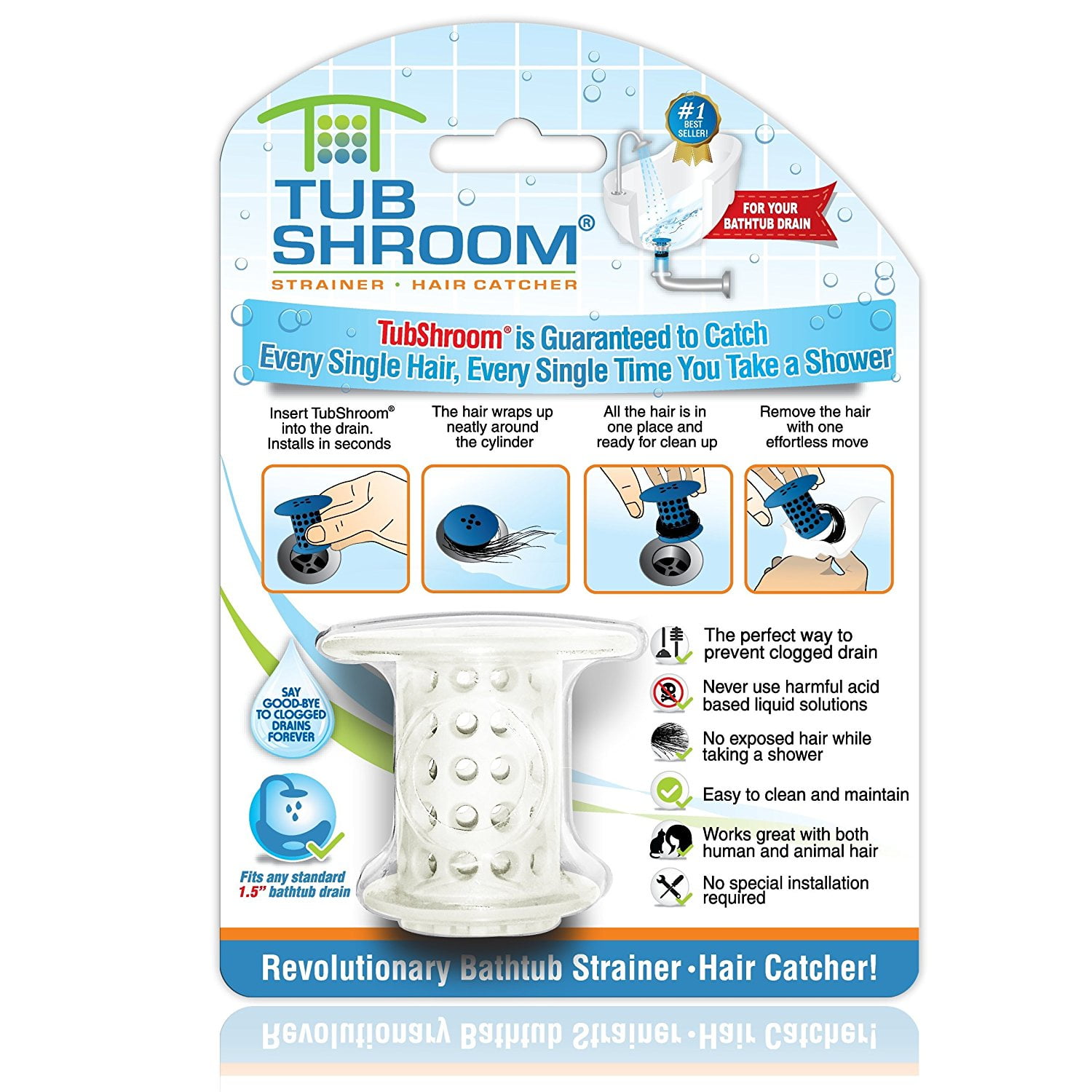 TubShroom Revolutionary Hair Catcher Drain Protector for Tub Drains, No  More Clogs, White 