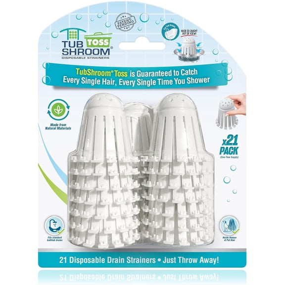 TubShroom Toss 21pk Disposable Bath Tub Drain Strainers - Hair Catcher Snare for Shower Bathtub to Prevent Clogged Drains, Traps Human and Pet Hair, One Year Supply (White)