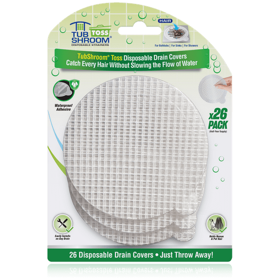 Tub Shroom Toss Disposable Drain Hair Catcher, Round Mesh, 26-pack