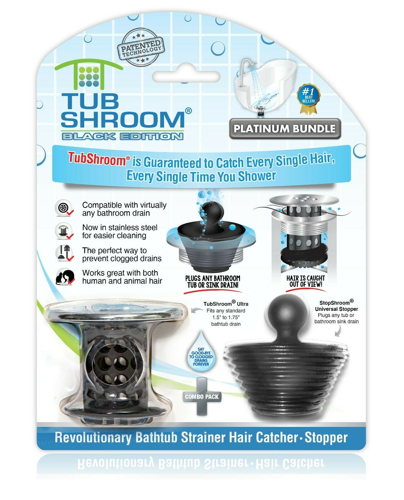 TubShroom Tub Drain Hair Catcher Combo Pack with Silicone Stopper, Black  Chrome – Drain Protector and Hair Catcher for Bathroom Drains, Fits 1.5” –  1.75” Bathtub and Shower Drains 