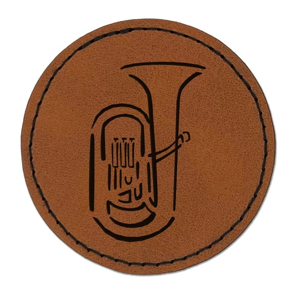 Tuba Music Instrument Sketch 2.5" Faux Leather Round Engraved Iron-On Patch - Brown