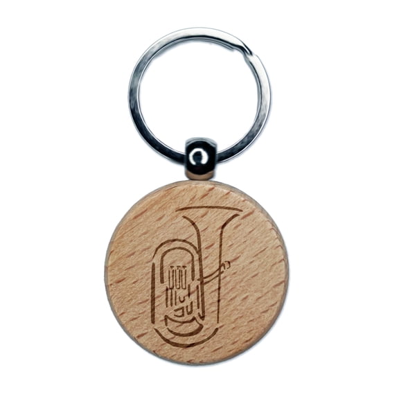 Tuba Music Instrument Sketch Round Keychain Charm Tag - Engraved Wood