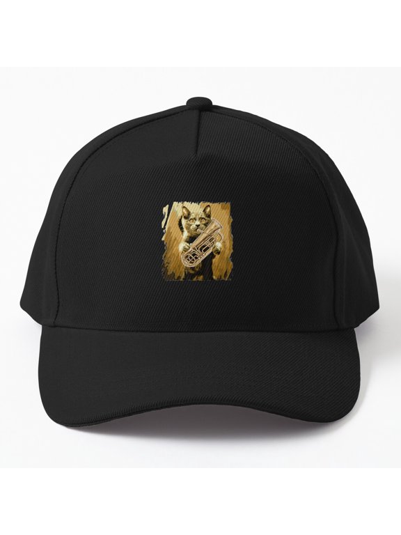 Tuba Player Cat Baseball Hat, Feline Musician Character Graphic, Classic Music Gift Cap