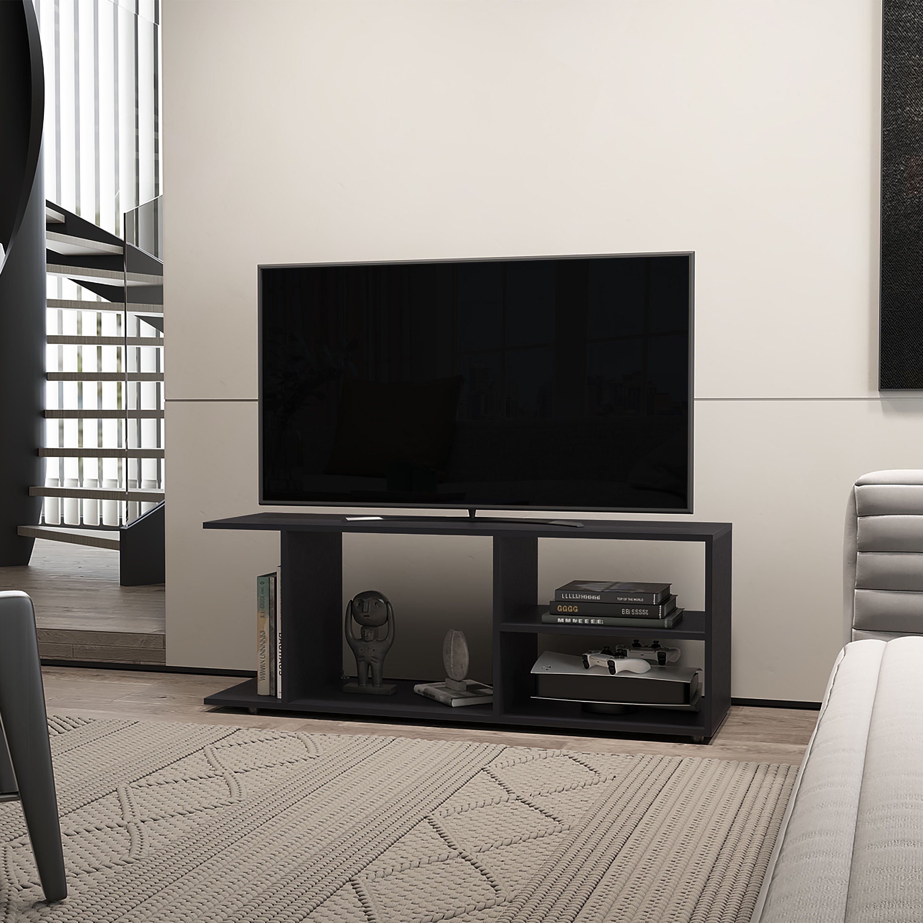 TV Stand Tubac TV Rack in Melamine with Open Storage, Black ...
