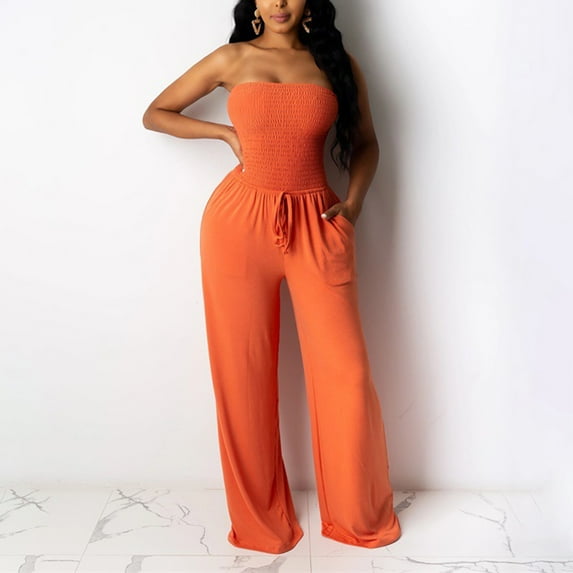 Tube Jumpsuits for Women Drawstring Smocked Wide Leg Rompers Overalls Solid Floor Length Outfits Pants with Pockets