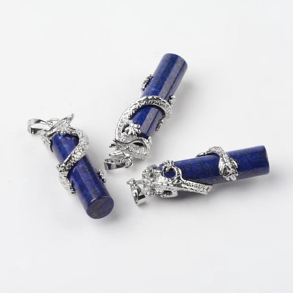 Tube Natural Dyed Lazuli Pendants with Dragon Brass Findings Platinum 48x15x10mm Hole: 7x5mm