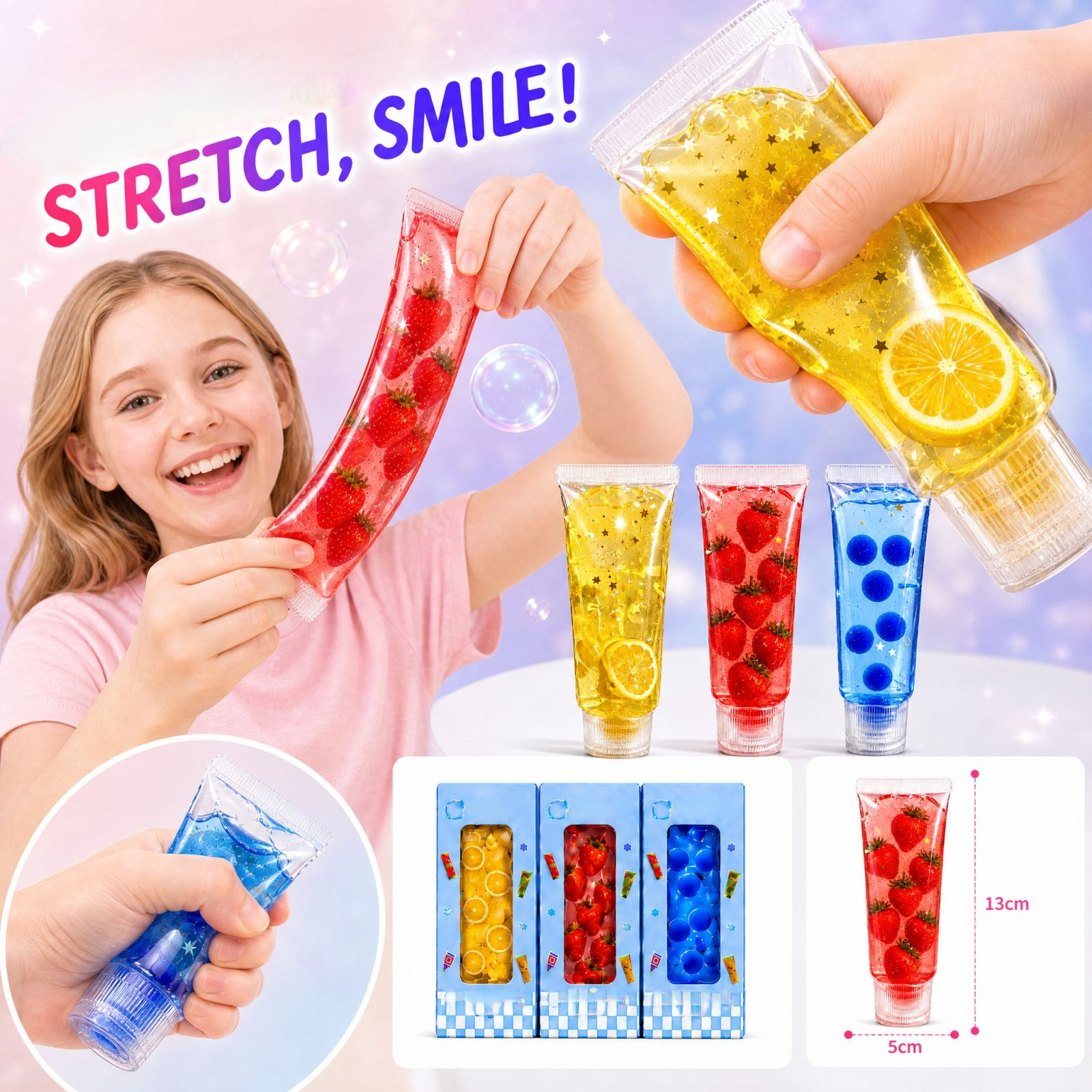 Random Bond Pattern Tube-Shaped Squishy Toy with Stretchy Gel Filled and Fruit Pattern, 5.1 ...