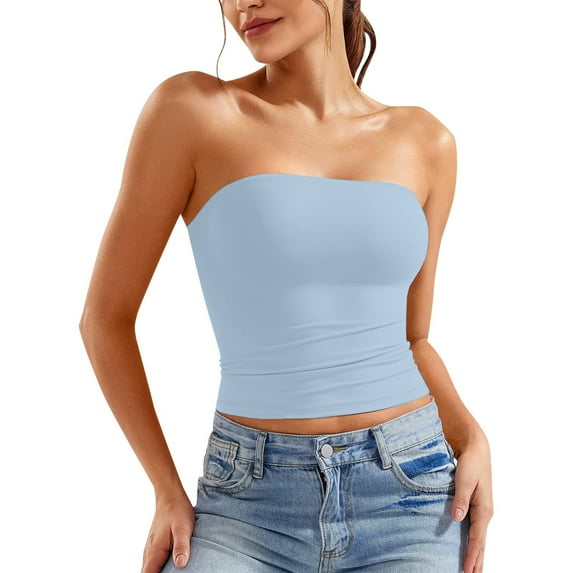 Tube Top Bra Solid Long Tube Tops Summer Basic Y2K Layering Tank Top Cute Strapless Fitted Bandeau Going Out Crop Top Camisoles Light Blue XS