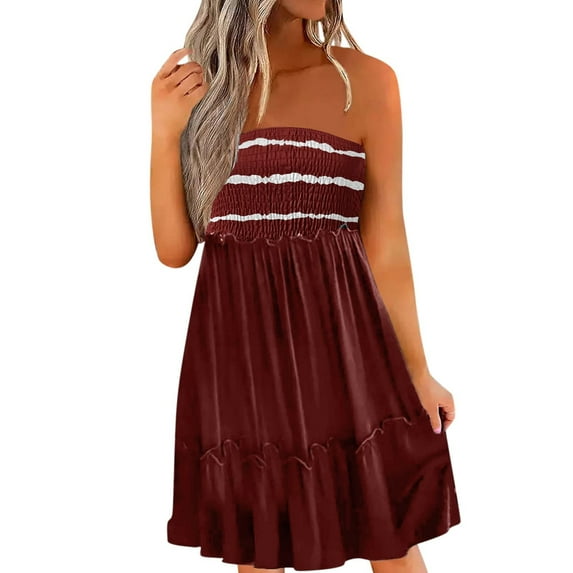 Tube Top Dress for Women Summer Beach Coverup Smocked Strapless Dress Printed Pleated Swing Off Shoulder Sundresses Ladies Clothes