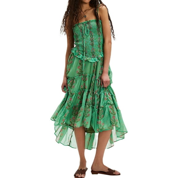 Tube Top Dress for Women Summer Solid Strapless Dresses, Off the Shoudle Ruffle Beach Dress Green M