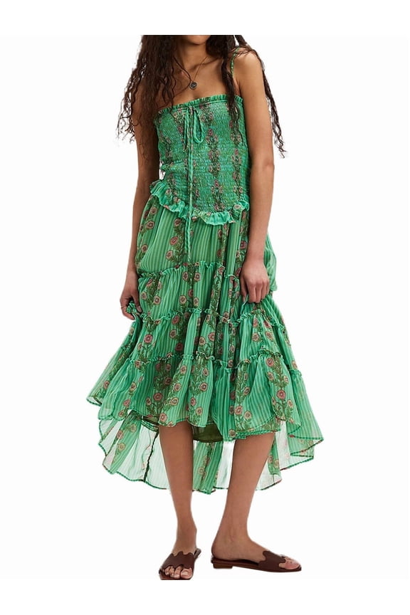 Tube Top Dress for Women Summer Solid Strapless Dresses, Off the Shoudle Ruffle Beach Dress Green S